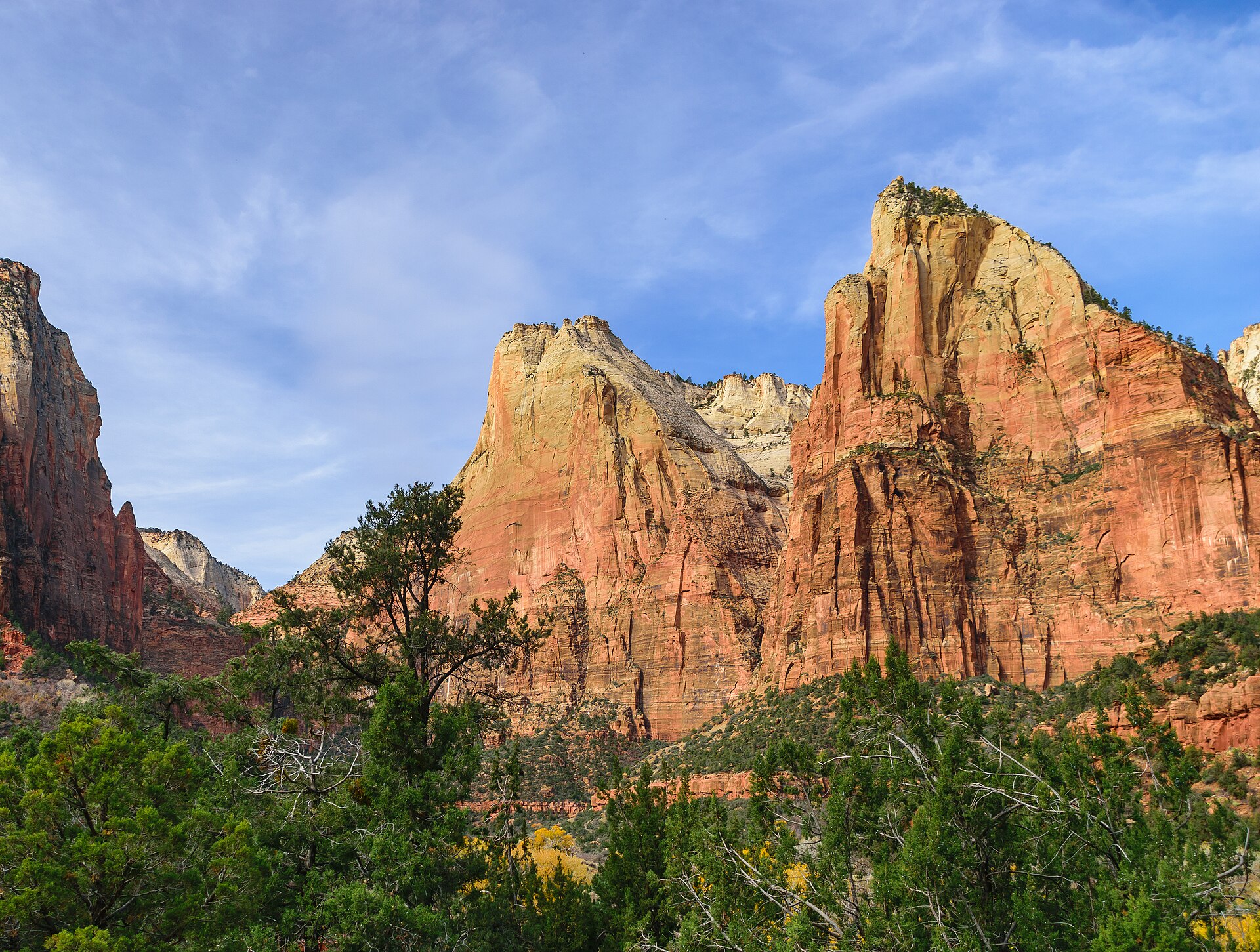 Three towering sandstone peaks of the Court of the Patriarchs — Zion National Park, attribution and reuse verification pending