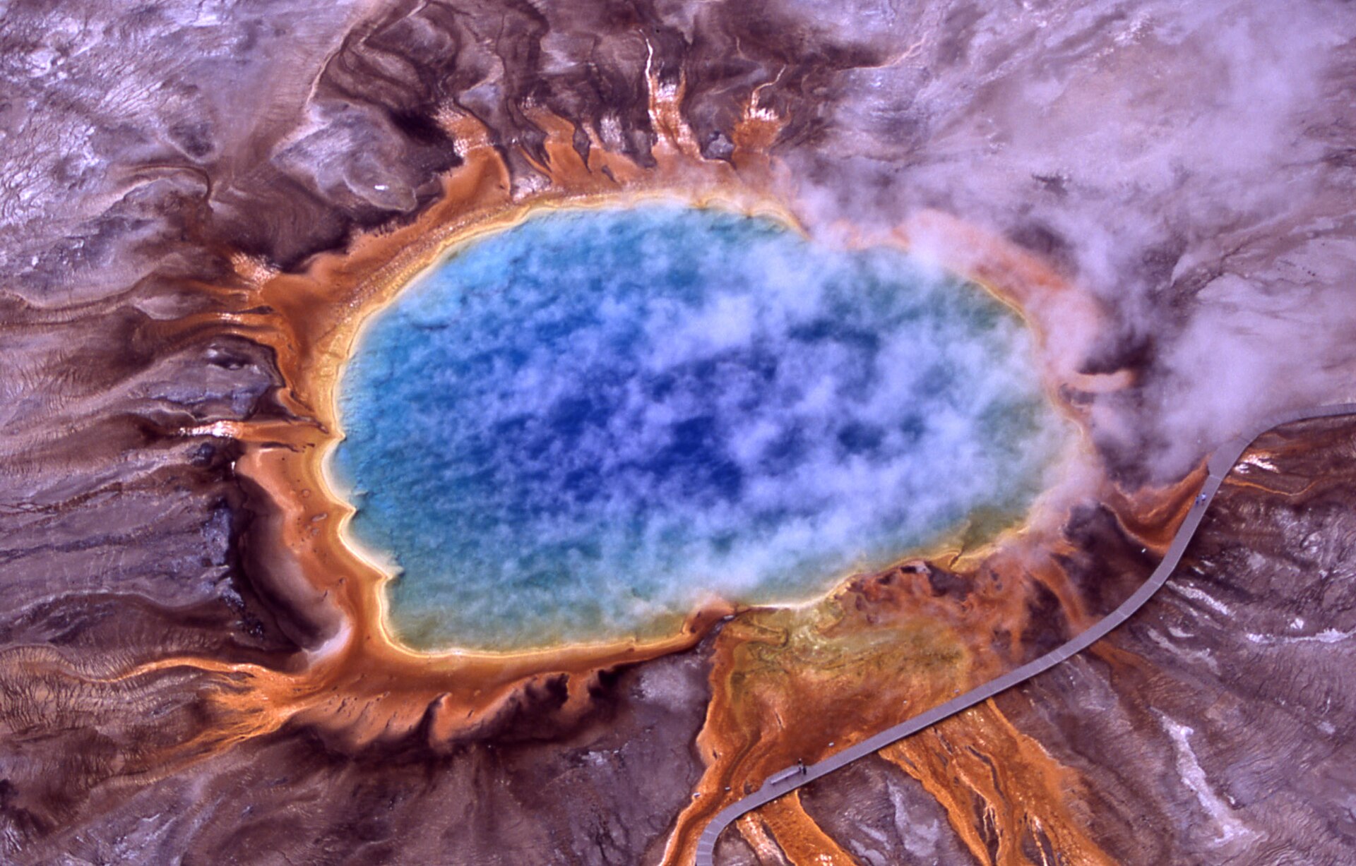 Grand Prismatic Spring's colorful geothermal basin in Yellowstone National Park