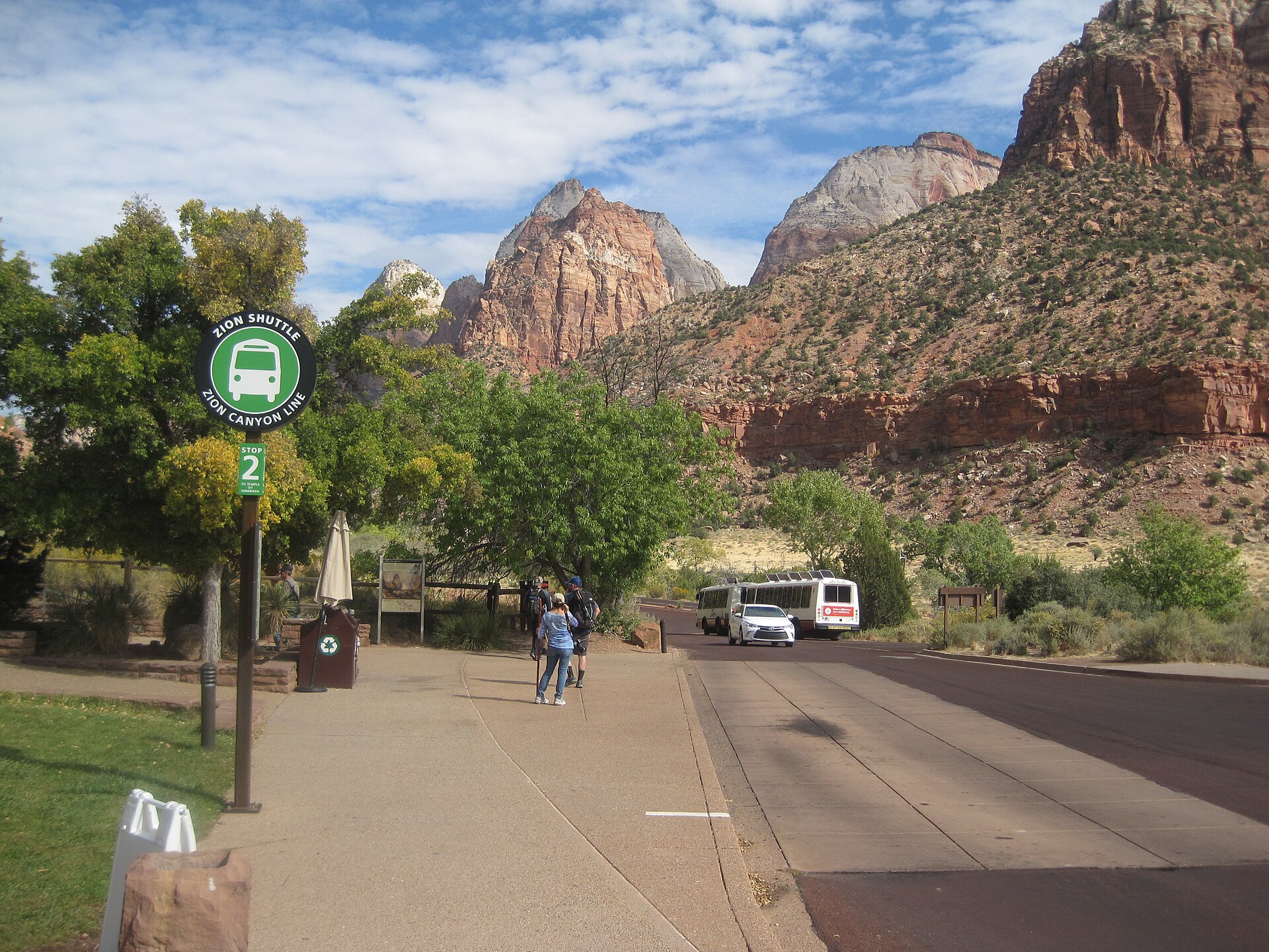 Zion Canyon shuttle stop in Zion National Park — Zion National Park, attribution and reuse verification pending
